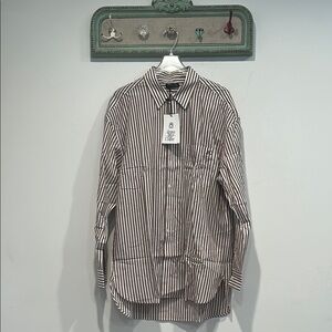 Active after coffe mocha white Casual Button Down Shirt Vertical Stripes large